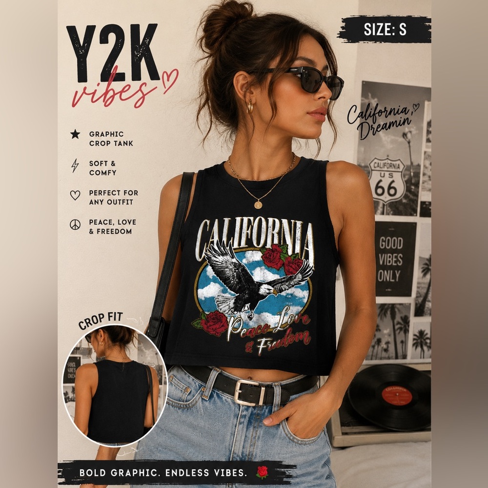 Y2K California Graphic Crop Tank 🦅 Black Baby Tee Eagle Roses Edgy Streetwear S
